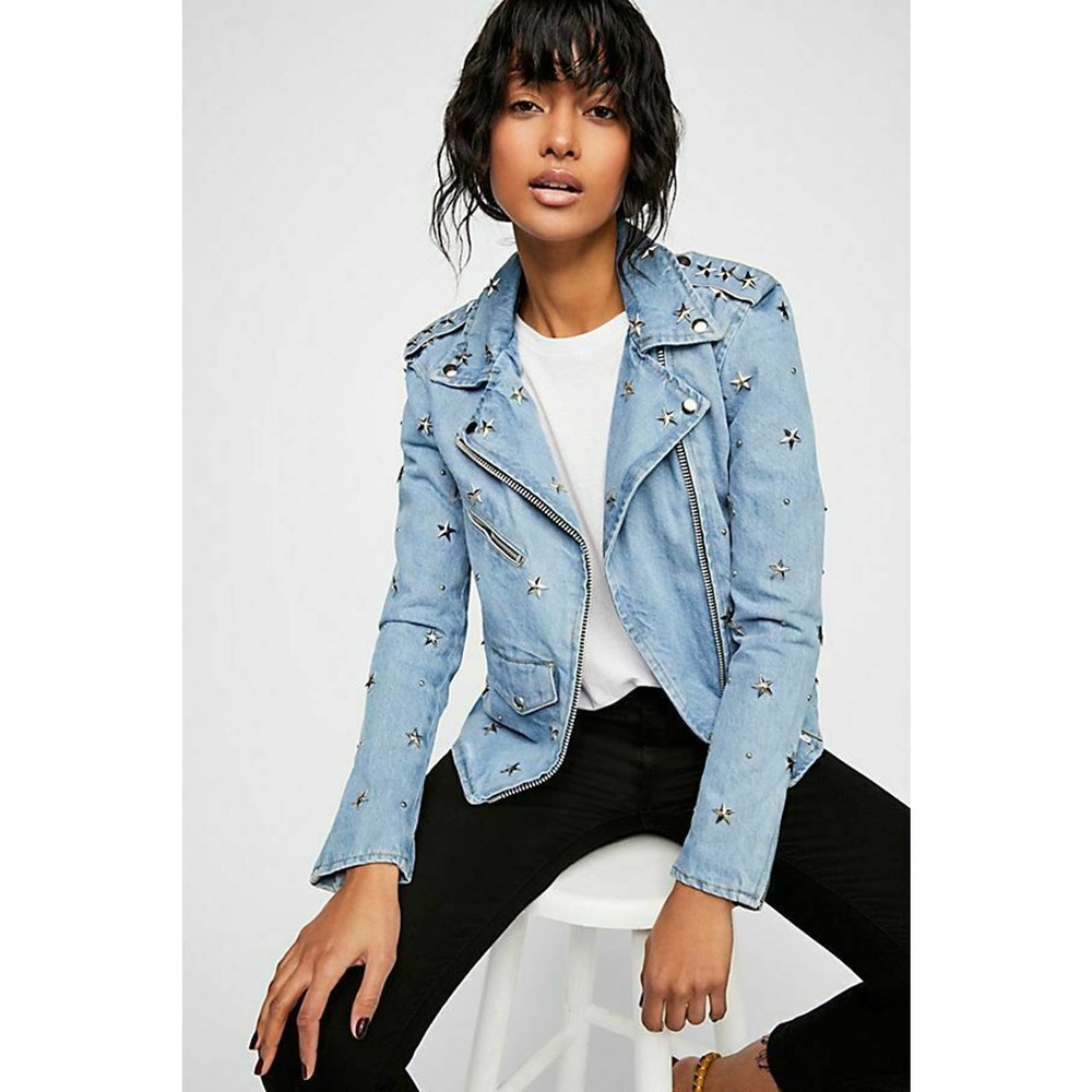 Free People Understated Star Denim Moto Jacket XS